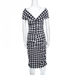 Pre Owned Dolce and Gabbana Monochrome Gingham Checked Ruched Bodycon Dress M