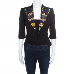 مملوكة مسبقًا Dolce and Gabbana Black Wool Rhinestone and Crystal Lapel Cropped Blazer M
