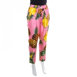Pre Owned Dolce and Gabbana Pink Pineapple Printed Silk Elasticized Waist Pyjama Pants M