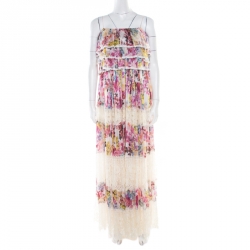 Pre Owned D&G Multicolor Floral Printed Silk and Lace Paneled Tiered Bodice Maxi Dress S 