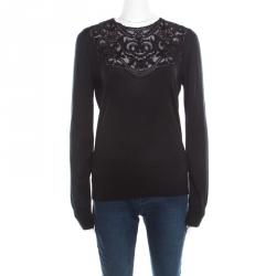 Pre Owned Dolce and Gabbana Black Floral Embroidered Lace Overlay Sweater M