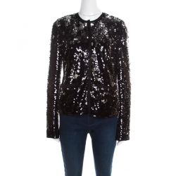 Pre Owned Dolce and Gabbana Black and Silver Sequin Pailette Embellished Frayed Trim Jacket M