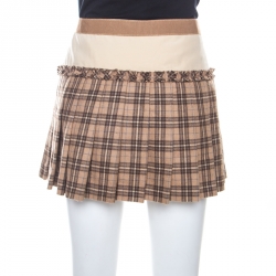 Pre Owned Dolce and Gabbana Caramel Brown Tartan Wool Lace Trim Pleated Mini Skirt M
