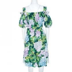 Pre Owned Dolce and Gabbana Hydrangea Print Cotton Poplin Elasticized Waist Cold Shoulder Dress S
