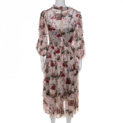 مملوكة مسبقًا Dolce & Gabbana Multicolor Cat and Floral Print Silk Ruffled Trim Midi Dress M
