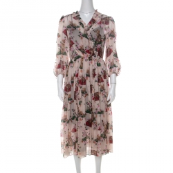 مملوكة مسبقًا Dolce & Gabbana Multicolor Cat and Floral Print Silk Ruffled Trim Midi Dress M