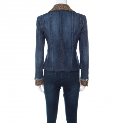 Pre Owned Dolce & Gabbana Blue Denim Floral Lining Wool Collar Detail Jacket M