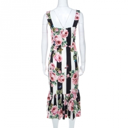 مملوكة مسبقًا فستان دولتشي أند غابانا حرير ستريتش طباعة زهور مخطط أبيض & أسود M