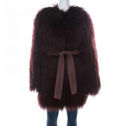 Pre Owned Dolce & Gabbana Burgundy Lamb Shearling Fur Belted Mongolian Coat S