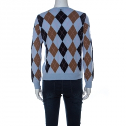 Pre Owned Dolce & Gabbana Light Blue Argyle Print Wool Blend Cardigan M