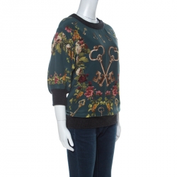 Pre Owned Dolce and Gabbana Green Key Print Silk & Wool Three Quarter Balloon Sleeve Jumper XS