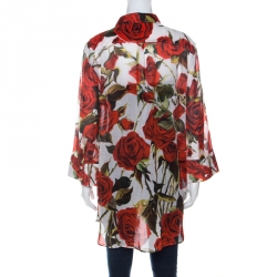 Pre Owned قميص تونيك دولتشي أند غابانا مطبوع ورود قطن أحمر و أبيض L