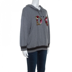 مملوكة مسبقًا Dolce and Gabbana Grey Knit Floral Embroidered Logo Detail Hoodie M
