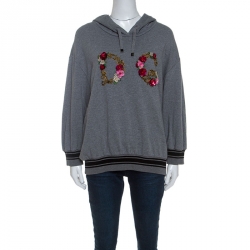 مملوكة مسبقًا Dolce and Gabbana Grey Knit Floral Embroidered Logo Detail Hoodie M