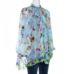 Pre Owned Dolce & Gabbana Blue Angel Print Silk Gathered Blouse S