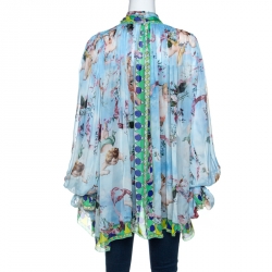 Pre Owned Dolce & Gabbana Blue Angel Print Silk Gathered Blouse S