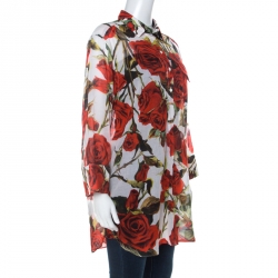 Pre Owned Dolce & Gabbana Red and White Rose Print Cotton Tunic Shirt S