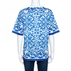 مملوكة مسبقًا Dolce & Gabbana Blue Majolica Print Cotton Poplin Top S