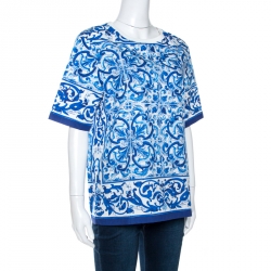 مملوكة مسبقًا Dolce & Gabbana Blue Majolica Print Cotton Poplin Top S