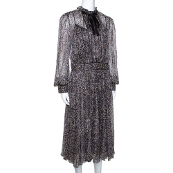 Pre Owned D&G Multicolor Sequin Print Silk Chiffon Long Sleeve Midi Dress L