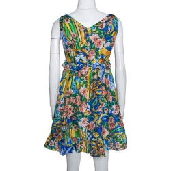 Pre Owned Dolce & Gabbana Multicolor Floral Printed Silk Ruffle Detail Dress M 
