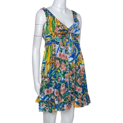 Pre Owned Dolce & Gabbana Multicolor Floral Printed Silk Ruffle Detail Dress M 