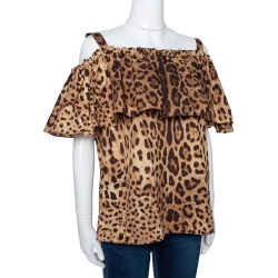 Pre Owned Dolce & Gabbana Brown Leopard Print Cotton Off Shoulder Blouse L