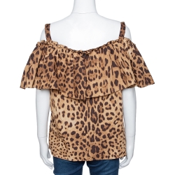 Pre Owned Dolce & Gabbana Brown Leopard Print Cotton Off Shoulder Blouse L