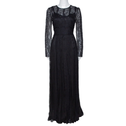 مملوكة مسبقًا Dolce & Gabbana Black Silk Floral Lace Detail Maxi Dress L