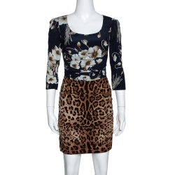 Brown Mixed Print Silk Ruched Dress