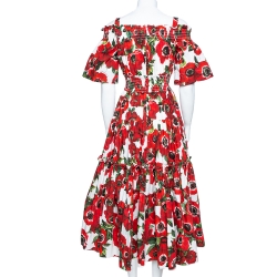Pre Owned Dolce & Gabbana Red Cotton Floral Print Off shoulder Dress S