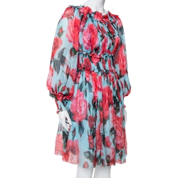 مملوكة مسبقًا فستان دولتشي أند غابانا حرير مطبوع ورد أزرق مزين مبطن متوسط الطول مقاس وسط (ميديوم)