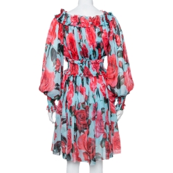 مملوكة مسبقًا فستان دولتشي أند غابانا حرير مطبوع ورد أزرق مزين مبطن متوسط الطول مقاس وسط (ميديوم)