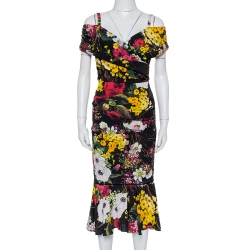 Pre Owned Dolce & Gabbana Black Floral Printed Silk Cold Shoulder Ruched Midi Dress S