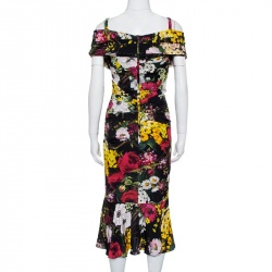 Pre Owned Dolce & Gabbana Black Floral Printed Silk Cold Shoulder Ruched Midi Dress S