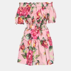 Pre Owned Dolce & Gabbana Pink Floral Print Cotton Off-Shoulder Dress L