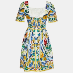 Dolce & Gabbana Multicolor Majolica Print Cotton Flared Mini Dress L