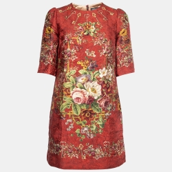 Pre Owned Dolce & Gabbana Red Floral Jacquard Shift Dress S   