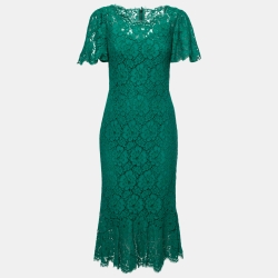 Pre Owned Dolce & Gabbana Green Lace Flutter Sleeve Midi Dress M