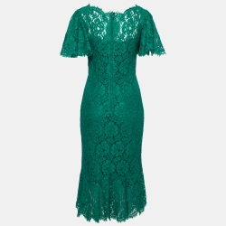Pre Owned Dolce & Gabbana Green Lace Flutter Sleeve Midi Dress M