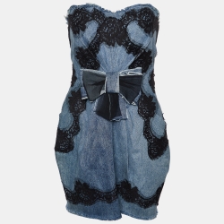 Pre Owned Dolce & Gabbana Blue Denim & Lace Trim Strapless Mini Dress M