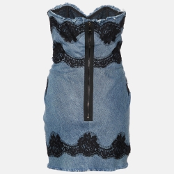 Pre Owned Dolce & Gabbana Blue Denim & Lace Trim Strapless Mini Dress M