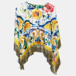 Pre Owned Dolce & Gabbana Multicolor Majolica Printed Silk Tassel Trimmed Poncho Top S