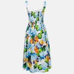 Pre Owned Dolce & Gabbana Blue Floral Printed Cotton Bustier Flared Dress M