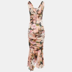 Pre Owned Dolce & Gabbana Pink Floral Printed Silk Ruched Midi Dress M