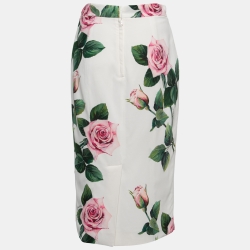 Pre Owned Dolce & Gabbana White Rose Printed Crepe Pencil Skirt M