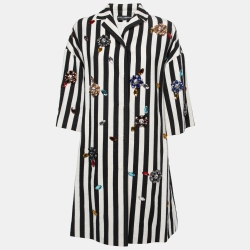 Dolce & Gabbana Black Striped Canvas Crystal Embellished Overcoat M
