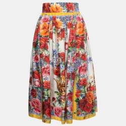 Pre Owned Dolce & Gabbana Multicolor Floral Printed Silk Midi Skirt L