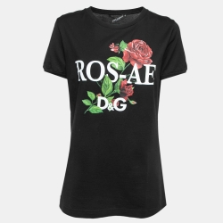 Pre Owned Dolce & Gabbana Black Cotton Rose Print T-Shirt L