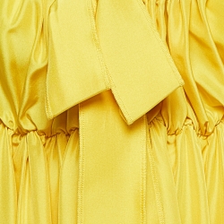 Pre Owned Dolce & Gabbana Yellow Satin Silk Gathered Tie-Up Neck Maxi Dress M